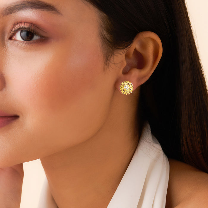Woman wearing gold plated 925 Sterling Silver floral stud earrings. Beautiful women's jewellery – Zavya