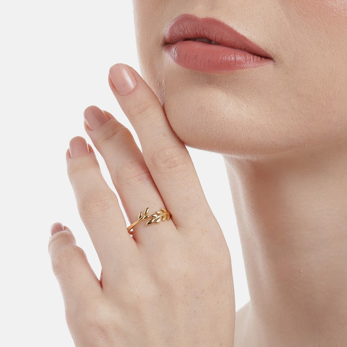 Sunlit Ivy Leaf Gold Plated 925 Silver Womens Ring (Adjustable)