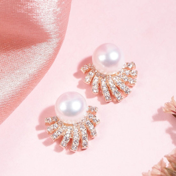 Sunlit Radiance 925 Sterling Silver Stud Earrings with CZ & Freshwater Pearl