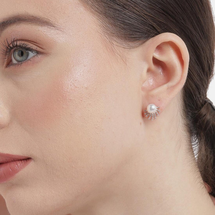 Sunlit Radiance 925 Sterling Silver Stud Earrings with CZ & Freshwater Pearl