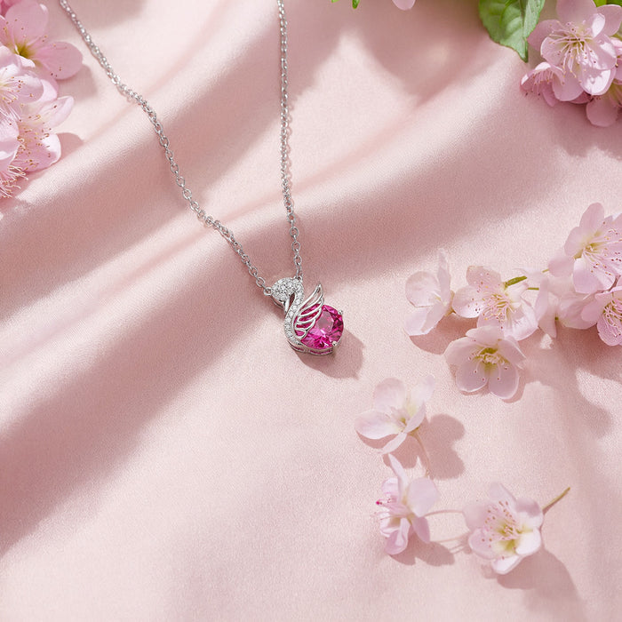 Swan Grace Pink Stone Rhodium Plated 925 Silver Necklace