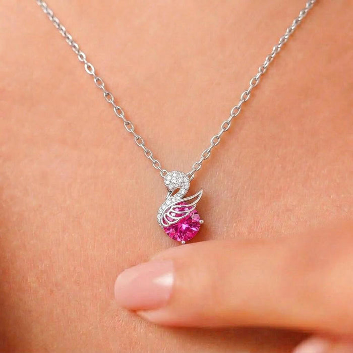 Swan Grace Pink Stone Rhodium Plated 925 Silver Necklace