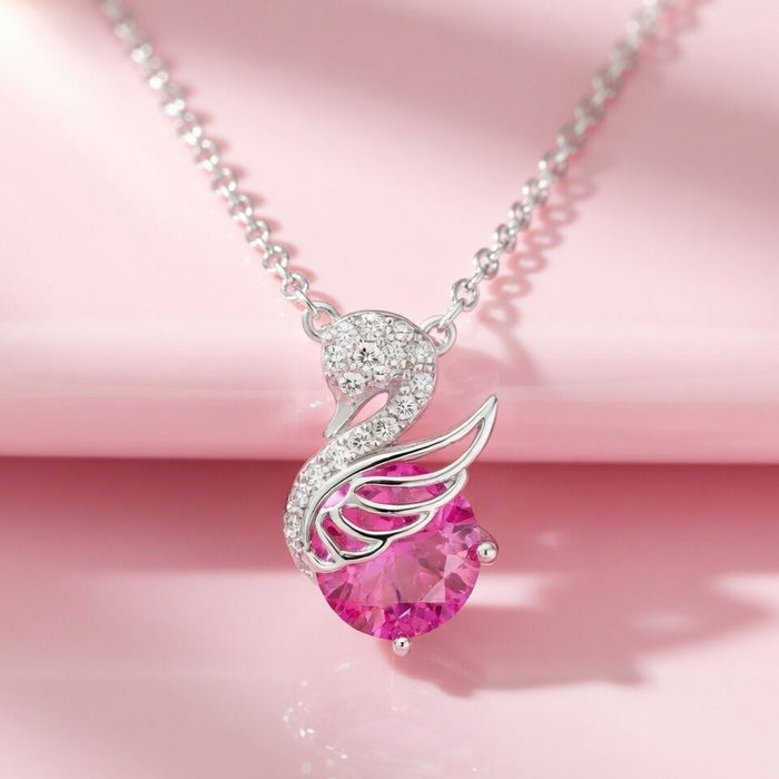 Swan Grace Pink Stone Rhodium Plated 925 Silver Necklace