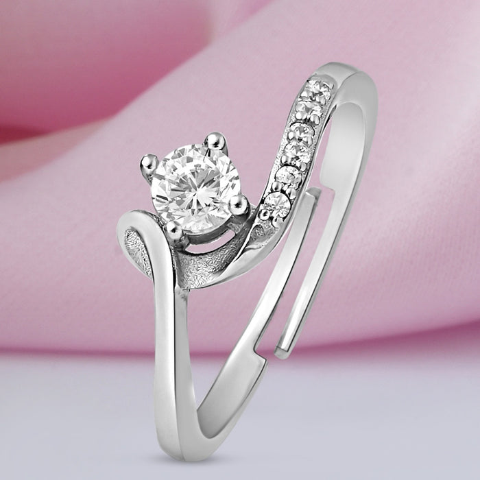 Swirling Solitaire Rhodium Plated 925 Sterling Silver Ring (Adjustable)