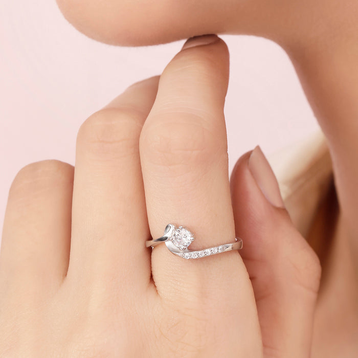 Swirling Solitaire Rhodium Plated 925 Sterling Silver Ring (Adjustable)