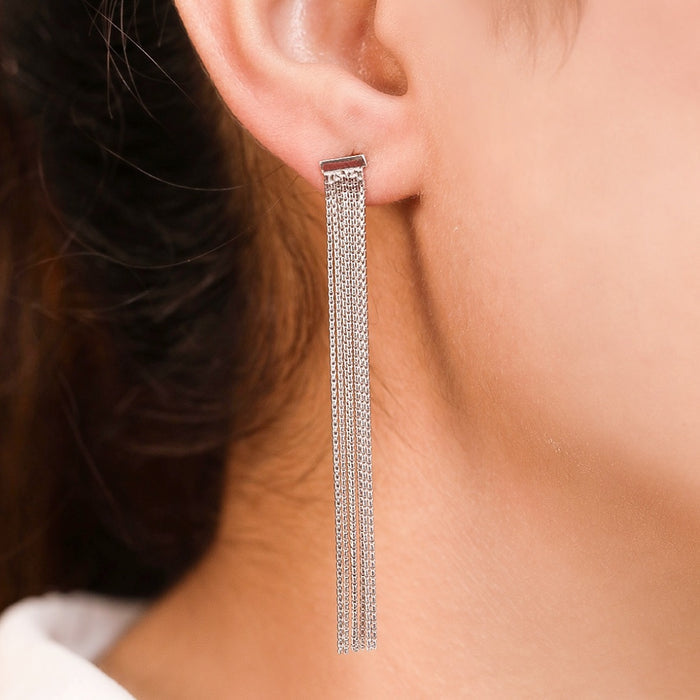 Tassle-Chain Rhodium Plated Sterling Silver Earrings