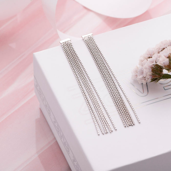 Tassle-Chain Rhodium Plated Sterling Silver Earrings