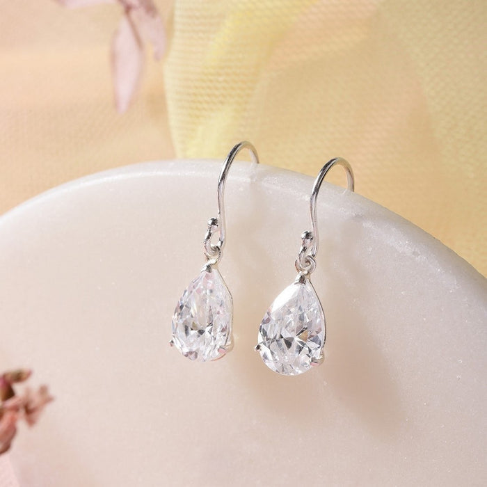 Tear Drop CZ Rhodium Plated Dangle 925 Sterling Silver Earring