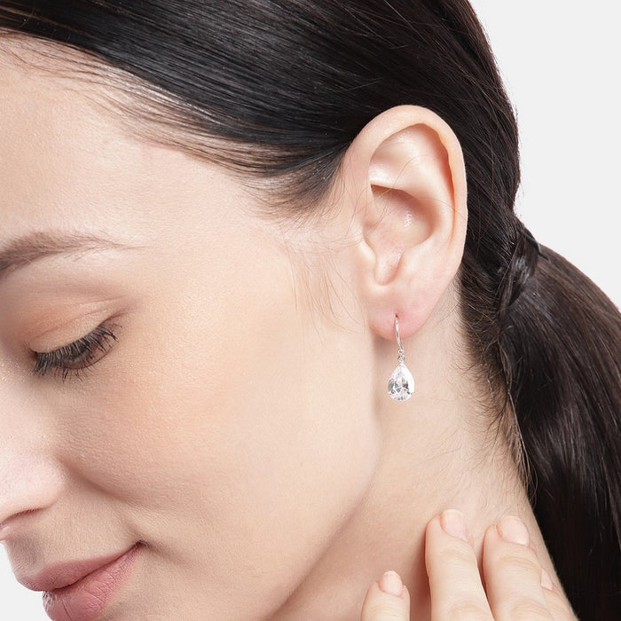 Tear Drop CZ Rhodium Plated Dangle 925 Sterling Silver Earring