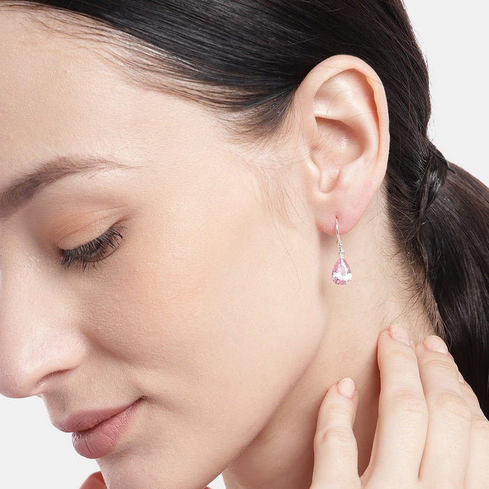 Tear Drop Pink CZ Rhodium Plated 925 Sterling Silver Earring