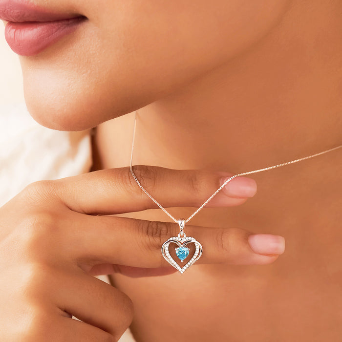 The Dancing Ocean Blue Heart Rhodium Plated 925 Silver Necklace