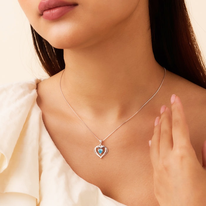 The Dancing Ocean Blue Heart Rhodium Plated 925 Silver Necklace