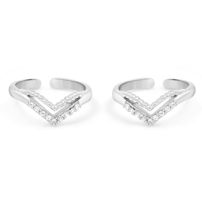 Pair of v-shaped 925 Sterling Silver toe rings for women featuring CZ stones and beaded details – Zavya