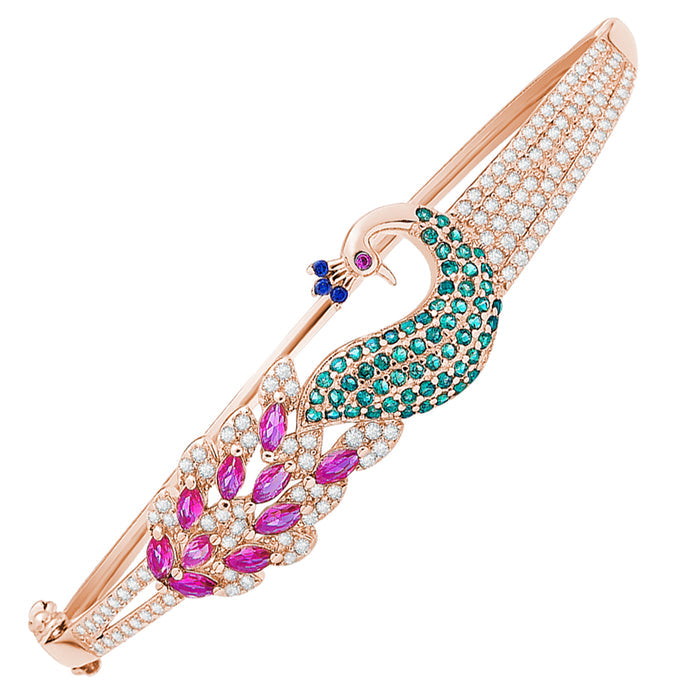 Angled close-up of women's 925 Sterling Silver rose gold peacock bracelet with colorful stones – Zavya