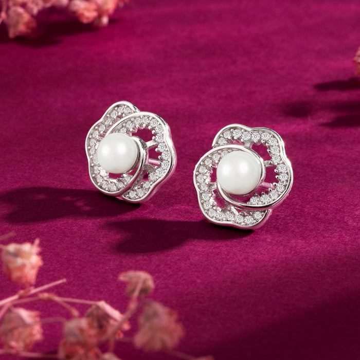 The Pearl Nest Stud Rhodium Plated Earrings
