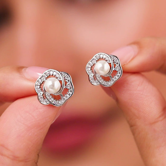 The Pearl Nest Stud Rhodium Plated Earrings
