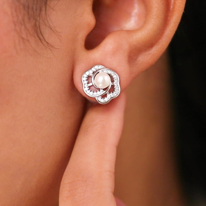 The Pearl Nest Stud Rhodium Plated Earrings