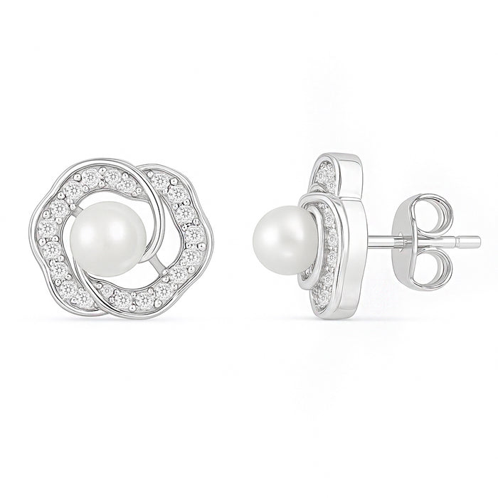 The Pearl Nest Stud Rhodium Plated Earrings