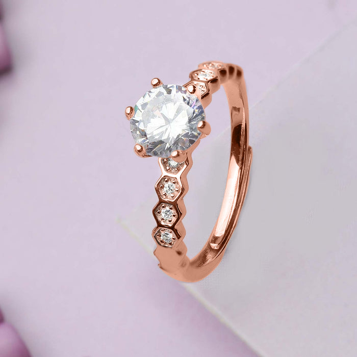 The Princess Solitaire Rose Gold Plated 925 Silver Womens Ring (Adjustable)