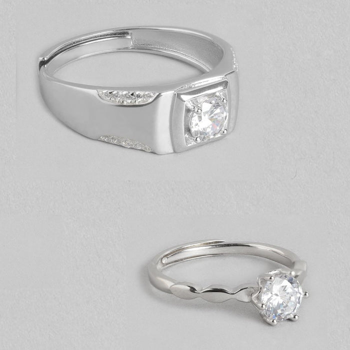 Timeless Devotion Rhodium-Plated 925 Sterling Silver Solitaire Couple Ring (Adjustable)