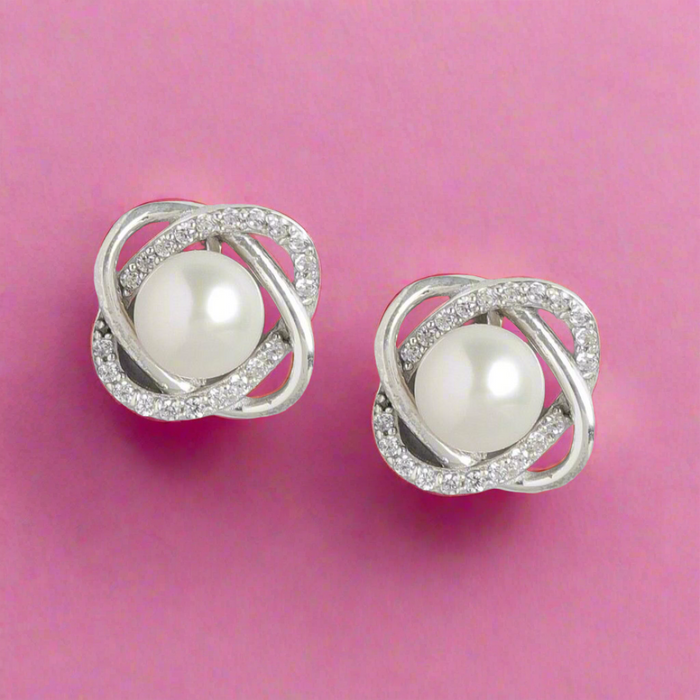 Timeless Elegance 925 Sterling Silver Stud Earrings with Cubic Zirconia & Pearl