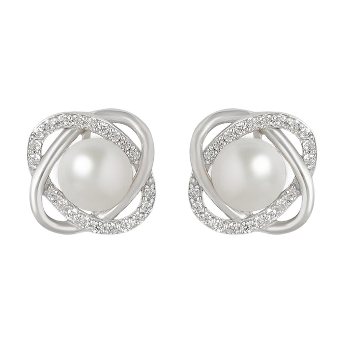Timeless Elegance 925 Sterling Silver Stud Earrings with Cubic Zirconia & Pearl