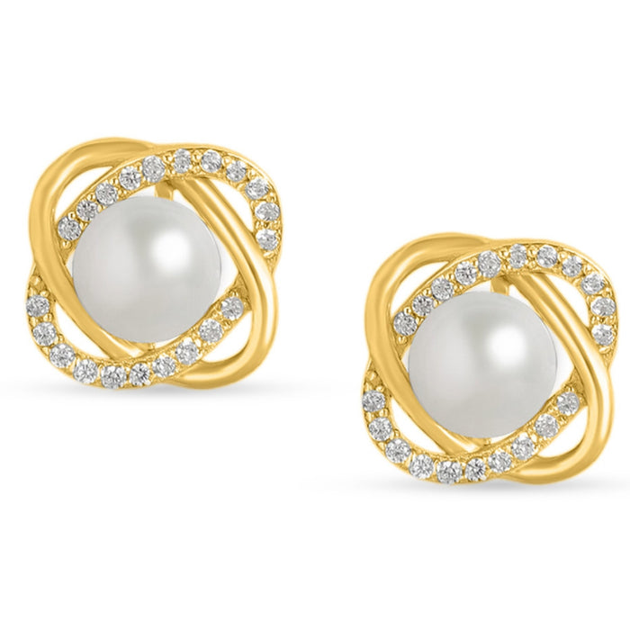 Timeless Elegance Pearl-CZ 925 Sterling Silver Gold Plated Stud Earrings