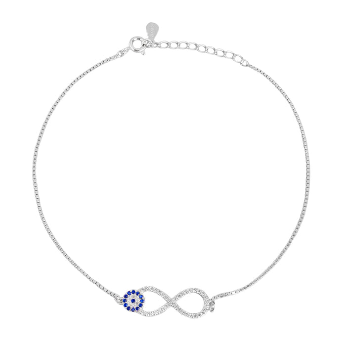 925 Sterling Silver infinity evil eye anklet for women featuring blue stones on a delicate chain – Zavya