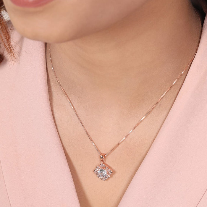 Timeless Symmetry CZ Rose Gold-Plated Sterling Silver Square Pendant with Chain
