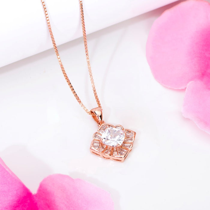 Timeless Symmetry CZ Rose Gold-Plated Sterling Silver Square Pendant with Chain