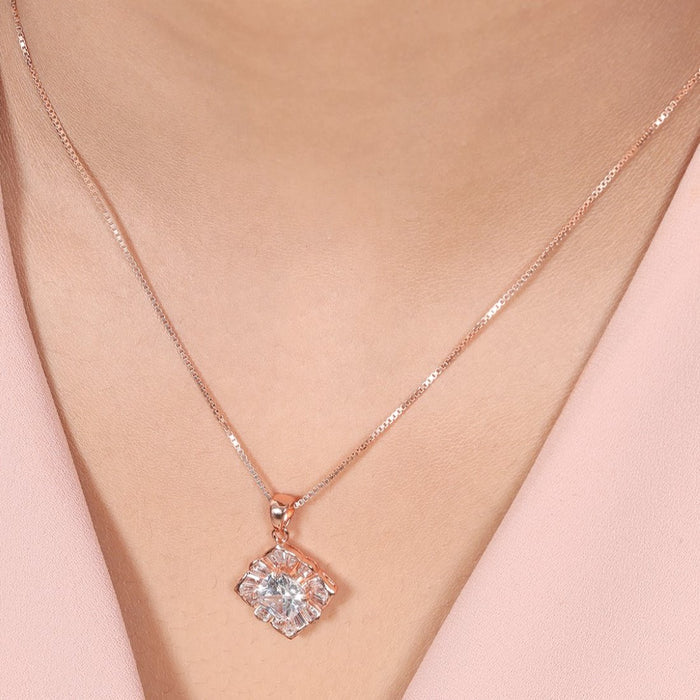 Timeless Symmetry CZ Rose Gold-Plated Sterling Silver Square Pendant with Chain
