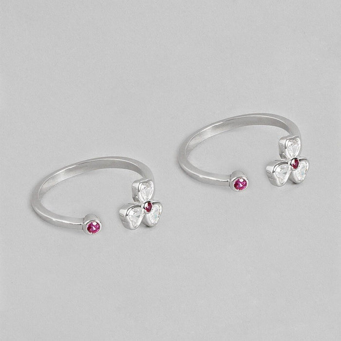 Two adjustable 925 Sterling Silver floral toe rings for women with pink and clear stones – Zavya