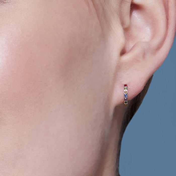 Tiny Rainbow Stone Hoop 925 Silver Earrings