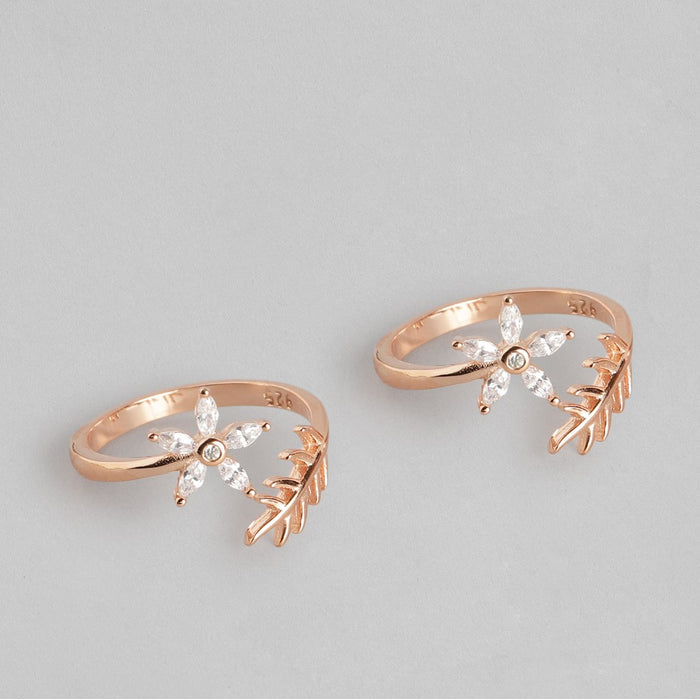 Two rose gold 925 Sterling Silver toe rings for women featuring a crystal flower and leaf design. – Zavya