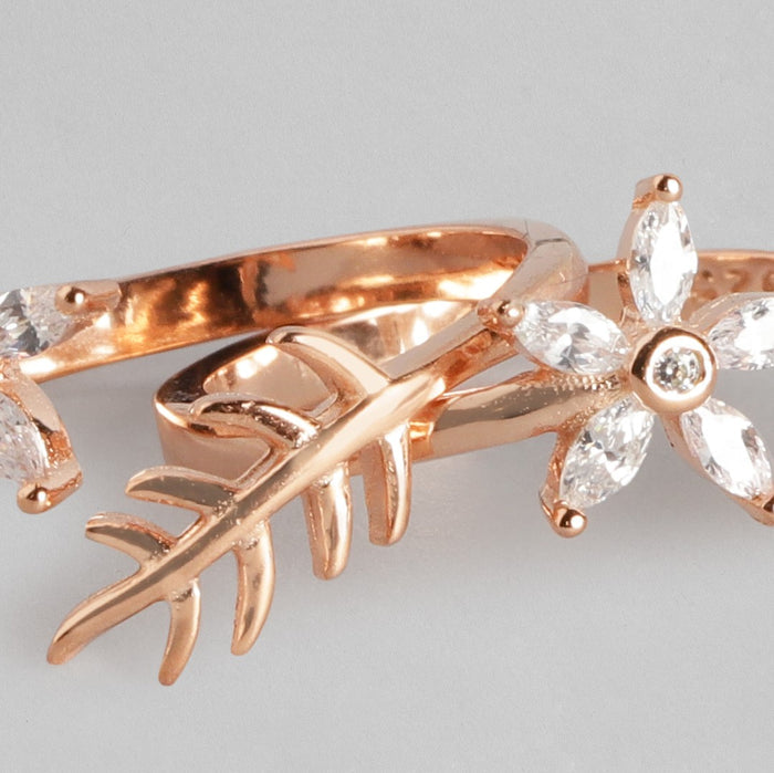 Rose gold 925 Sterling Silver toe ring for women with crystal flower and leaf design – Zavya