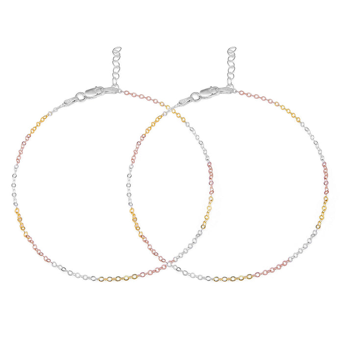 Two women's trendy triple tone 925 Sterling Silver cable chain anklets in silver, gold, and rose gold. – Zavya