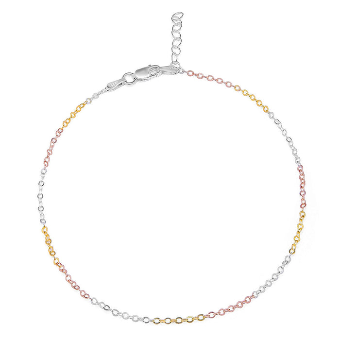 Triple tone 925 Sterling Silver cable chain anklet for women with silver, gold, and rose gold links – Zavya