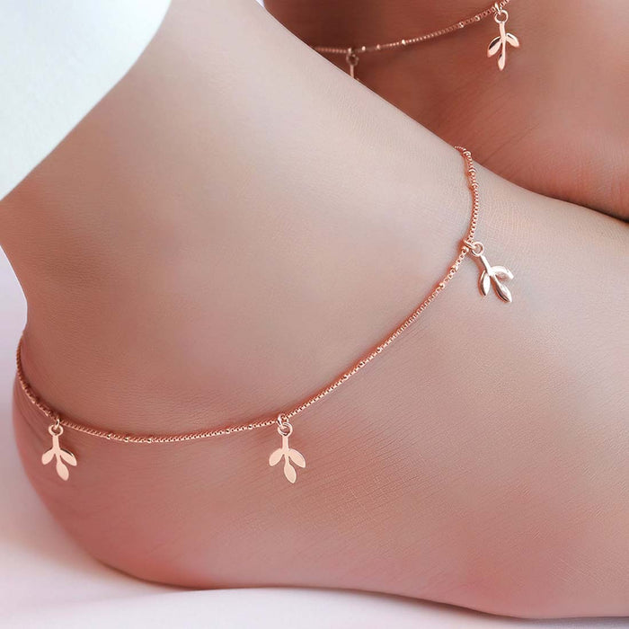 Tri Leaf Drop Rose Gold 925 Silver Charm Anklet (Adjustable)
