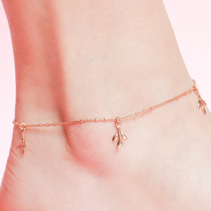 Tri Leaf Drop Rose Gold 925 Silver Charm Anklet (Adjustable)