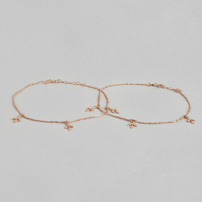 Tri Leaf Drop Rose Gold 925 Silver Charm Anklet (Adjustable)