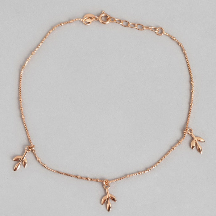 Tri Leaf Drop Rose Gold 925 Silver Charm Anklet (Adjustable)