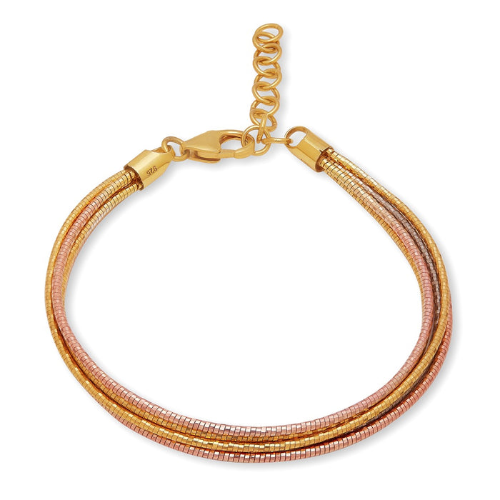 Tri-Tone Elegance 925 Sterling Silver Layered Chain Bracelet