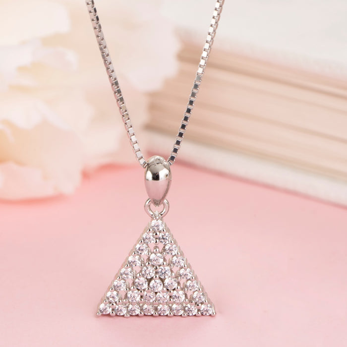 Triangular Elegance Rhodium-Plated Sterling Silver CZ Pendant with Chain