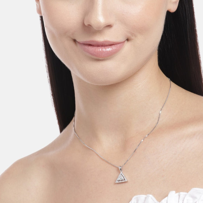Triangular Elegance Rhodium-Plated Sterling Silver CZ Pendant with Chain