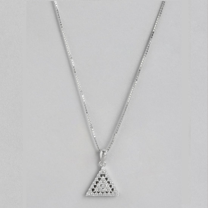 Triangular Elegance Rhodium-Plated Sterling Silver CZ Pendant with Chain