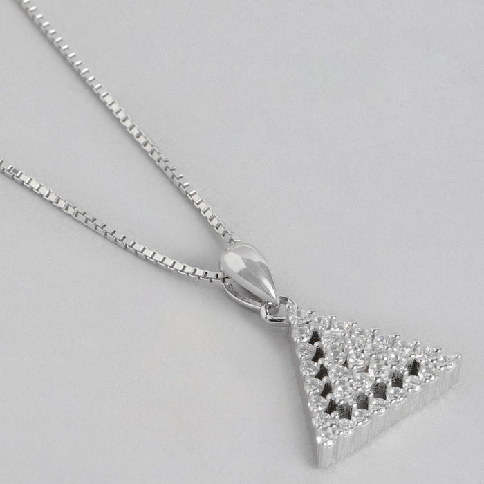 Triangular Elegance Rhodium-Plated Sterling Silver CZ Pendant with Chain