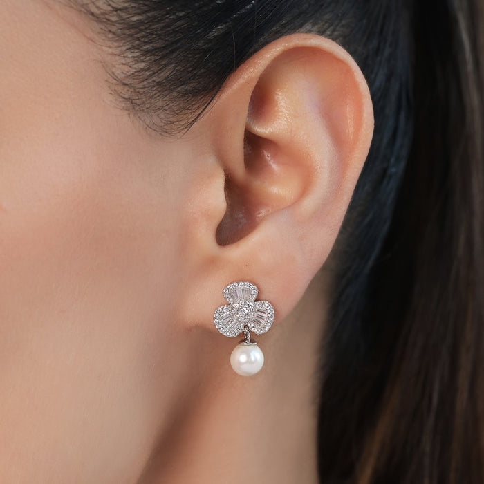 Trinity CZ-Pearl Blooms 925 Sterling Silver Rhodium-Plated Earring