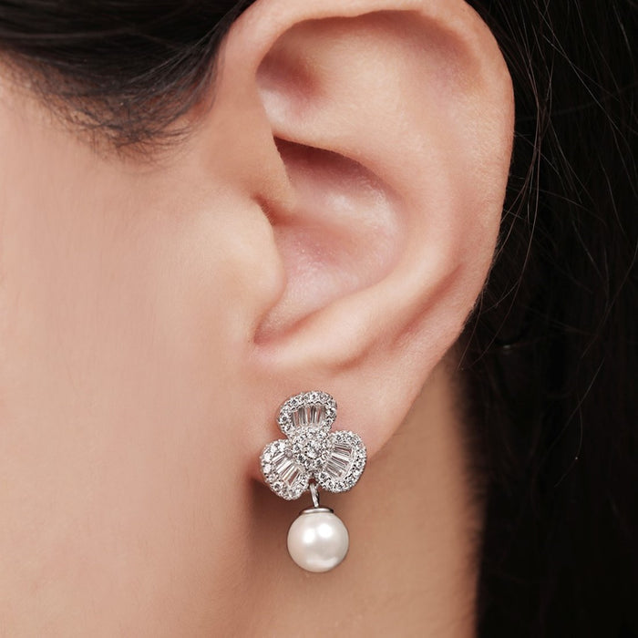 Trinity CZ-Pearl Blooms 925 Sterling Silver Rhodium-Plated Earring