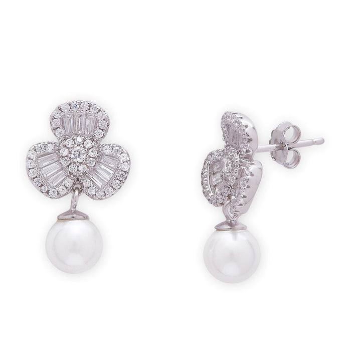 Trinity CZ-Pearl Blooms 925 Sterling Silver Rhodium-Plated Earring