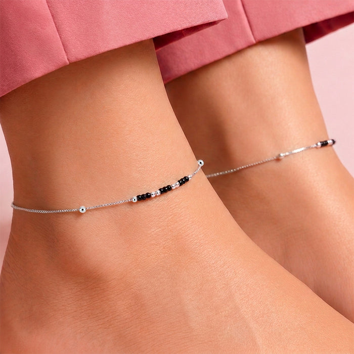Triple Beaded Rhodium Plated 925 Sterling Silver Anklet